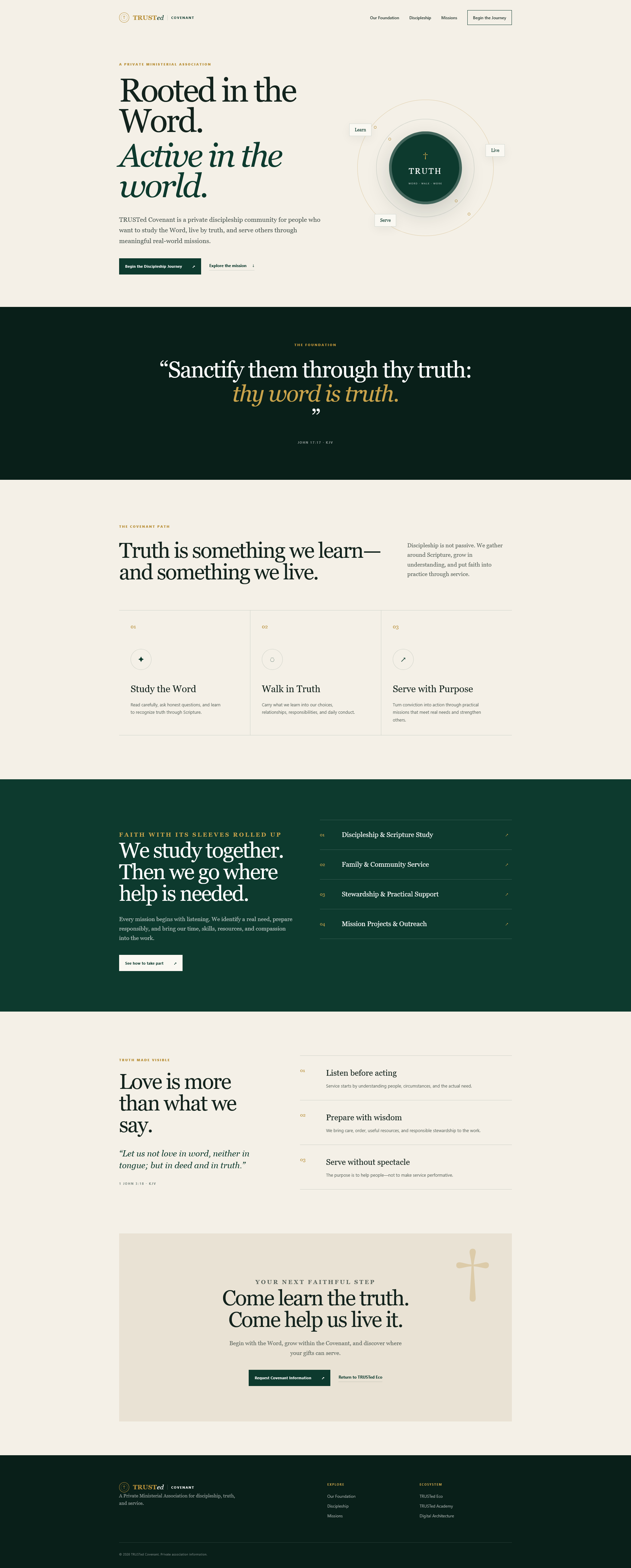 Product screenshot for Covenant: Current rendered TRUSTed Covenant public website with its formation and mission sections